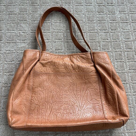 American Leather Tooled Leather Wylie Satchel Shoulder Bag Tan Brown Ornate EUC - Picture 3 of 13